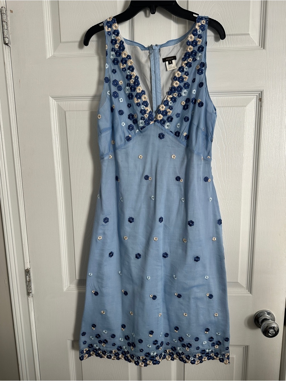 Tocca Light Blue Sleeveless Embellished V-Neck Dress
